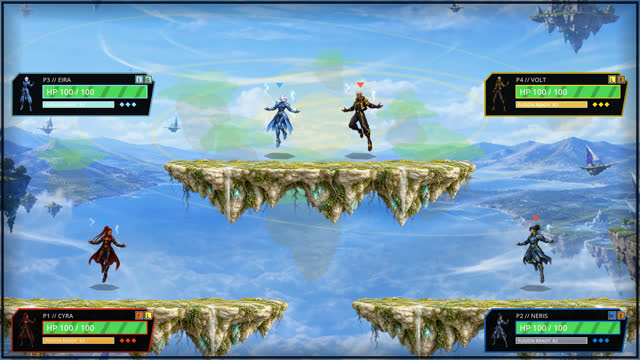 A four-player match on floating grass islands above a blue sea, with all four HP bars on screen