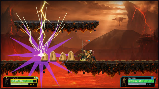 Lightning striking a volcanic arena as a purple shockwave bursts across the stage
