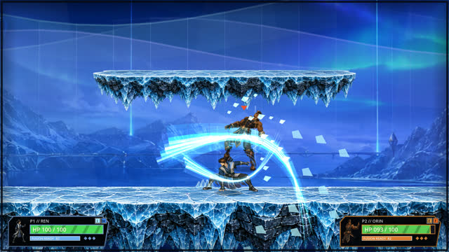 A sweeping blue attack arc across a frozen arena under the northern lights