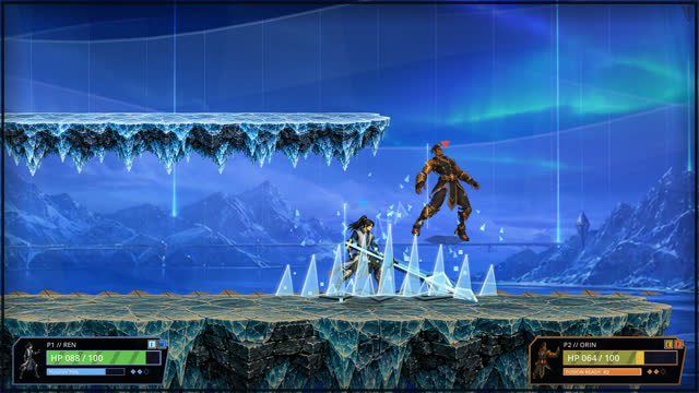 Ice spikes erupting from the stage floor beneath an airborne fighter