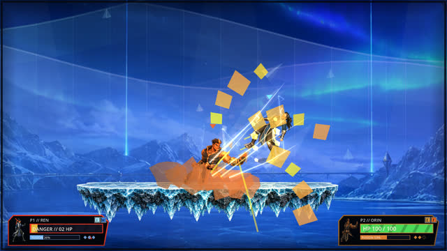 A fighter sent flying in a spray of debris, down to two health, under an aurora